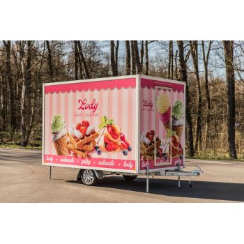 25.18.112/8 BETA Przyczepa gastronomiczna handlowa Food Truck pusta 3,5 m 2 okna 1 oś NH okleina DMC 750 kg Nowim