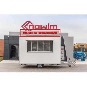 14.18.101 EPSILON Przyczepa gastronomiczna handlowa całoroczna Food Truck 1 okno 1 oś 3,5 m, elektryka, kącik i miejsce na reklamę Nowim