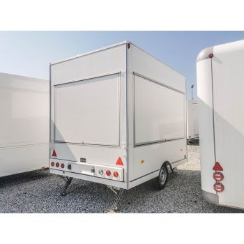 15.503 Przyczepa Gastronomiczna Handlowa Food Truck aluminiowa 2 klapy sprzedażowe 3 m DMC 1300 kg 1 oś hamowana