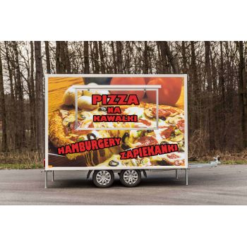 MODEL 25.18.226 BETA PLUS Przyczepa gastronomiczna handlowa sprzedażowa Food Truck 2 osie niehamowana DMC 750 kg lekka 3,5 m długa Nowim