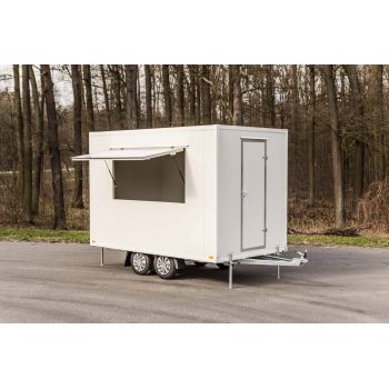 MODEL 25.18.226 BETA PLUS Przyczepa gastronomiczna handlowa sprzedażowa Food Truck 2 osie niehamowana DMC 750 kg lekka 3,5 m długa Nowim