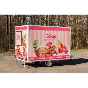 MODEL 25.18.131/6 BETA PLUS Przyczepa gastronomiczna handlowa food truck 3,5 m 2 okna 1 oś NH DMC 750 kg foodtruck sprzedażowa Nowim