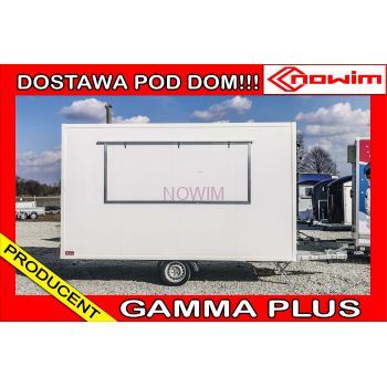 MODEL 25.18.132 GAMMA PLUS Przyczepa gastronomiczna handlowa sprzedażowa Food Truck 1 osiowa hamowana DMC 1300 kg 4 m długa Nowim
