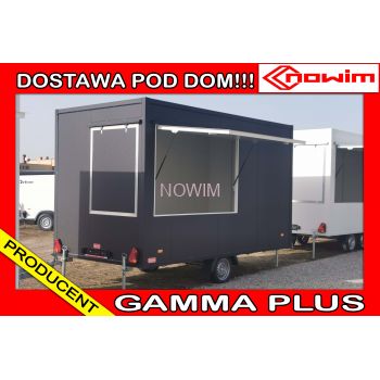MODEL 25.18.133/8 GAMMA PLUS Przyczepa gastronomiczna handlowa Food Truck 1 osiowa hamowana foodtruck DMC 1300 kg 4,5 m długa Nowim