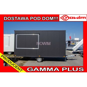 MODEL 25.18.133/4 GAMMA PLUS Przyczepa gastronomiczna handlowa Food Truck 1 osiowa hamowana foodtruck DMC 1300 kg 4,5 m długa Nowim
