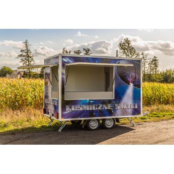 25.18.212 BETA Przyczepa gastronomiczna handlowa Food Truck 3,5 m 2 okna 2 osie NH DMC 750 kg 3,5 m okleina meble elektryka lodówka Nowim